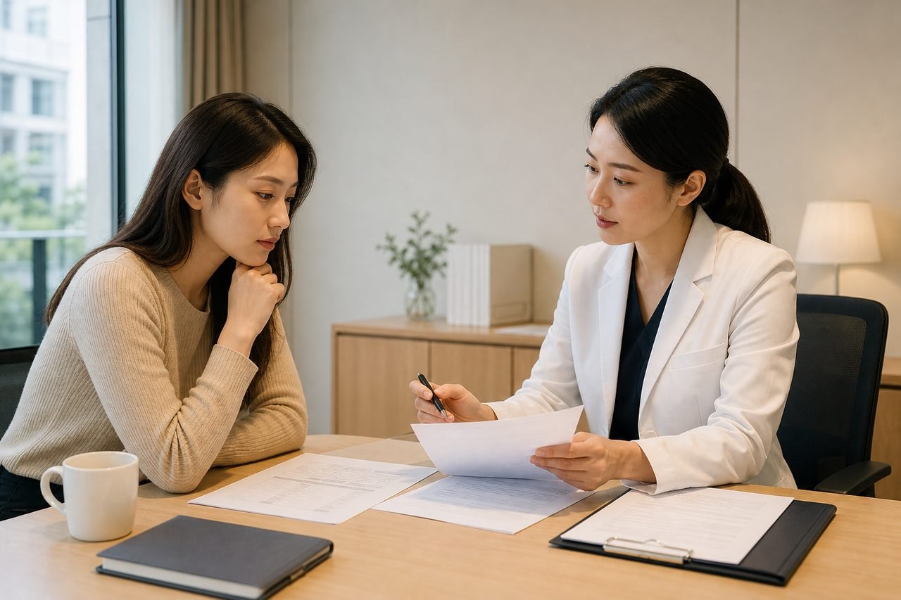AI illustration: A consultation between a medical professional and a patient discussing documents in a modern office setting.