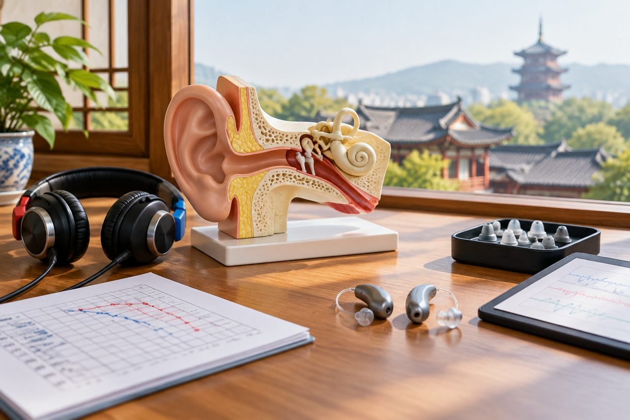 Illustrative image: A detailed anatomical model of the ear is displayed alongside headphones, hearing aids, and a graph on a wooden table with a scenic view outside.