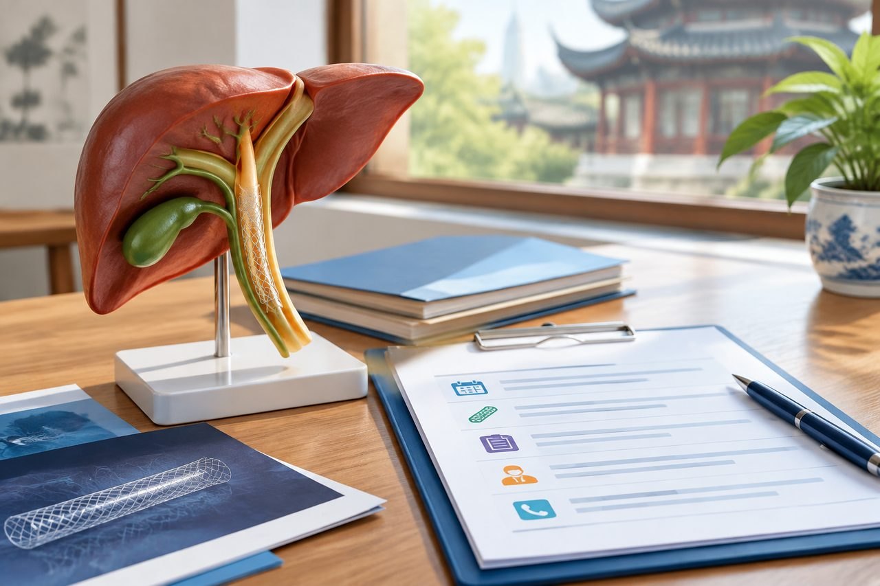 Illustrative image: A detailed anatomical model of a liver is displayed on a desk alongside medical documents and a plant.