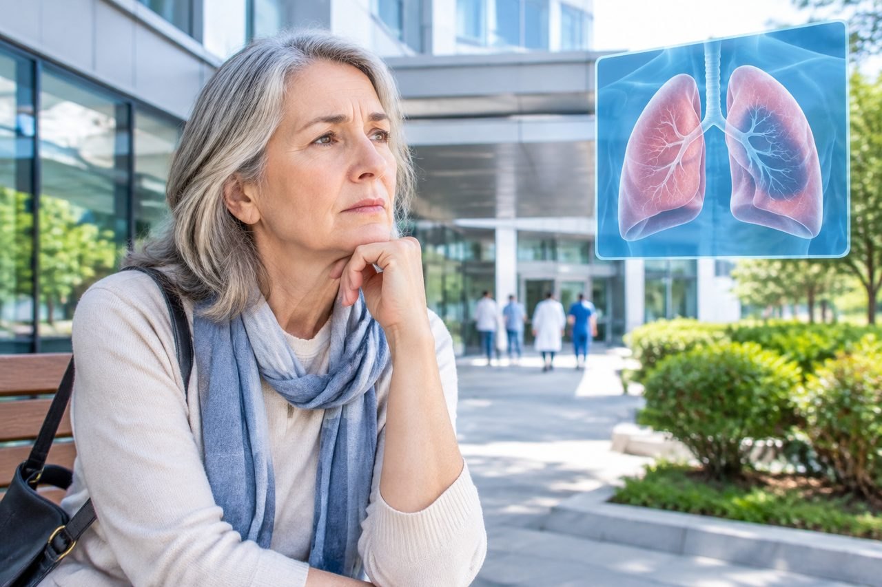 Illustrative image: A woman contemplates outside a hospital while an illustration of lungs is displayed nearby.