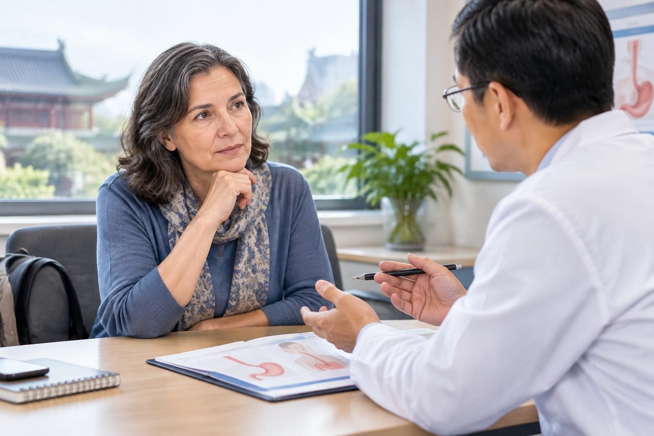 Illustrative image: A doctor discusses medical information with a patient in a consultation room.