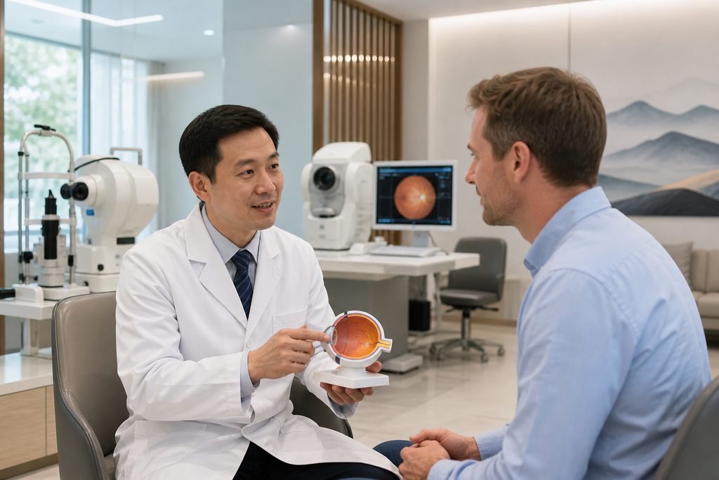 Illustrative image: A doctor explains eye anatomy to a patient using a model in a modern clinic setting.