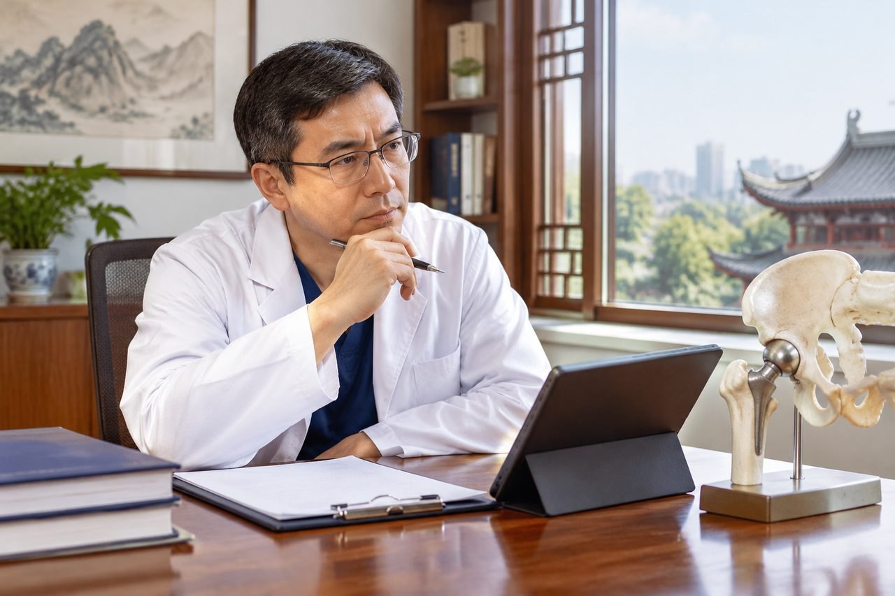 Illustrative image: A doctor in a white coat is contemplating while seated at a desk with a tablet and anatomical model in a well-lit office.