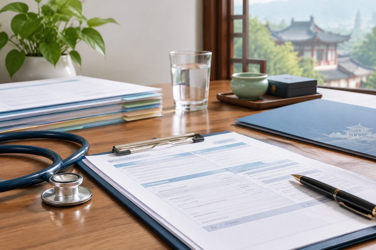 AI illustration: A medical consultation workspace featuring a stethoscope, patient forms, and a pen on a wooden table.