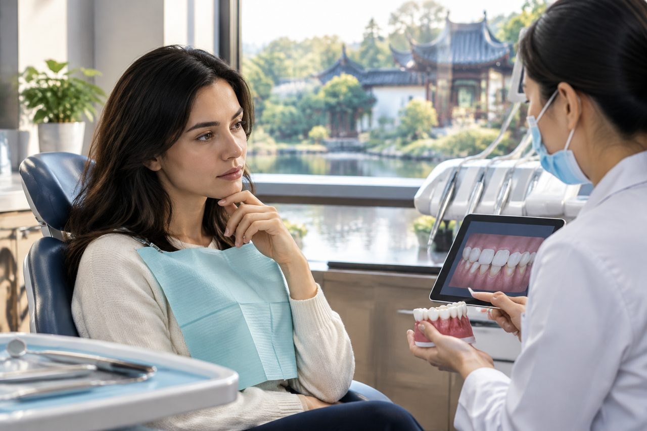 Illustrative image: A patient consults with a dentist in a modern dental clinic, discussing dental health using a model and digital imagery.