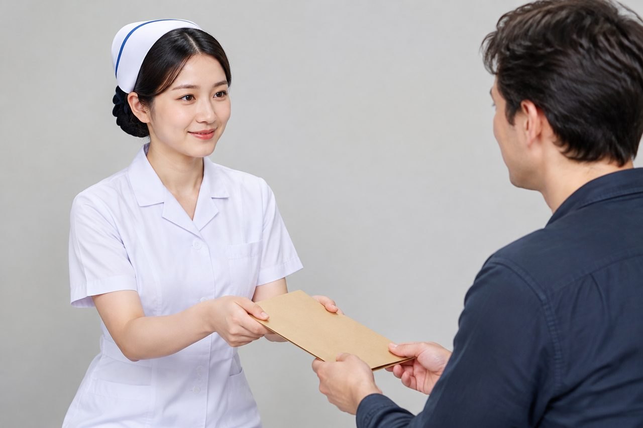 AI illustration: A nurse hands a document to a patient in a clinical setting.