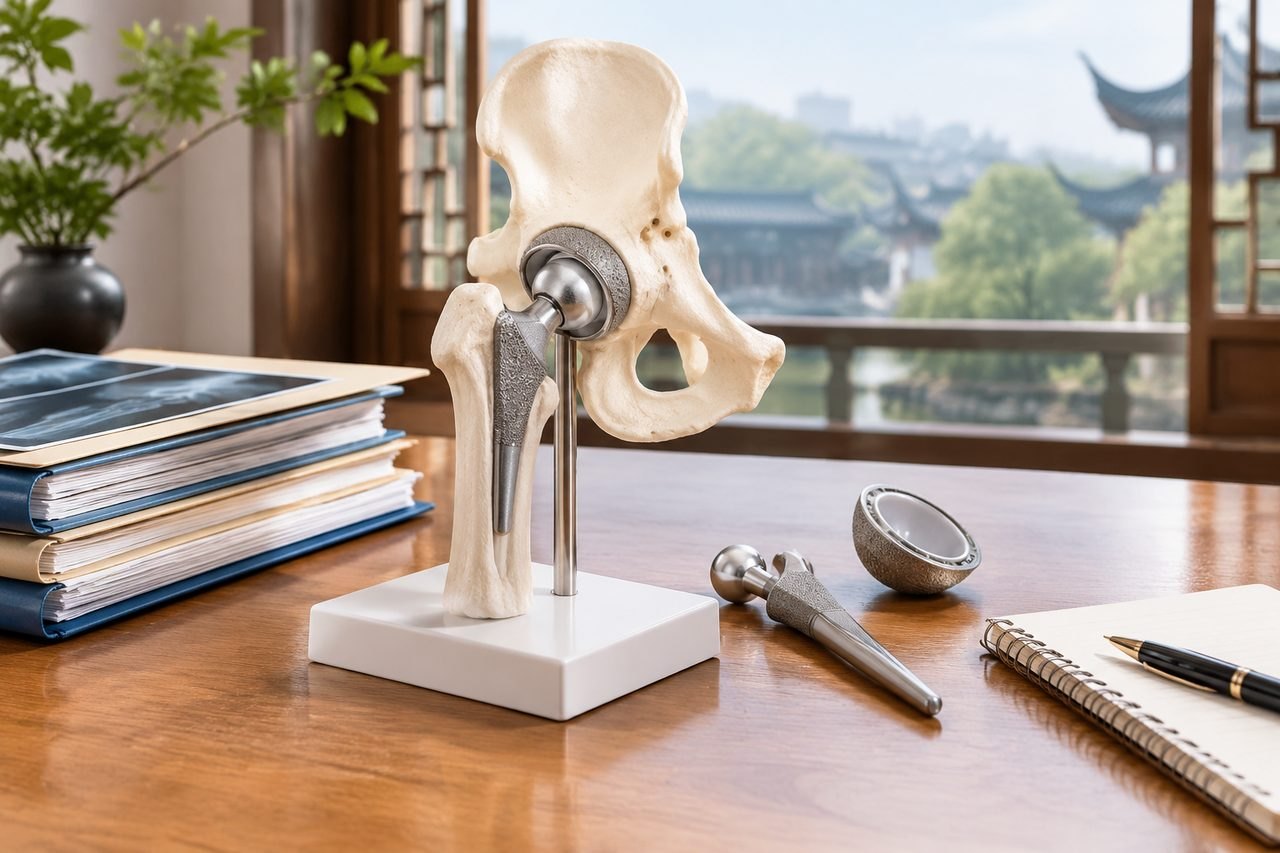 Illustrative image: A detailed anatomical model of a hip joint displayed on a wooden table with books and a notebook in the background.