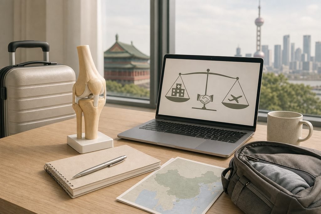 AI illustration: Knee-joint model and cost-comparison icons beside travel luggage