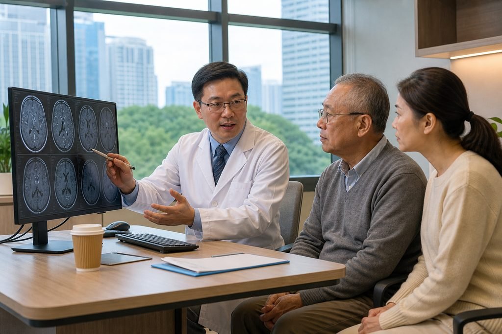 Illustrative image: A doctor explains MRI results to a patient and a family member in a consultation room.