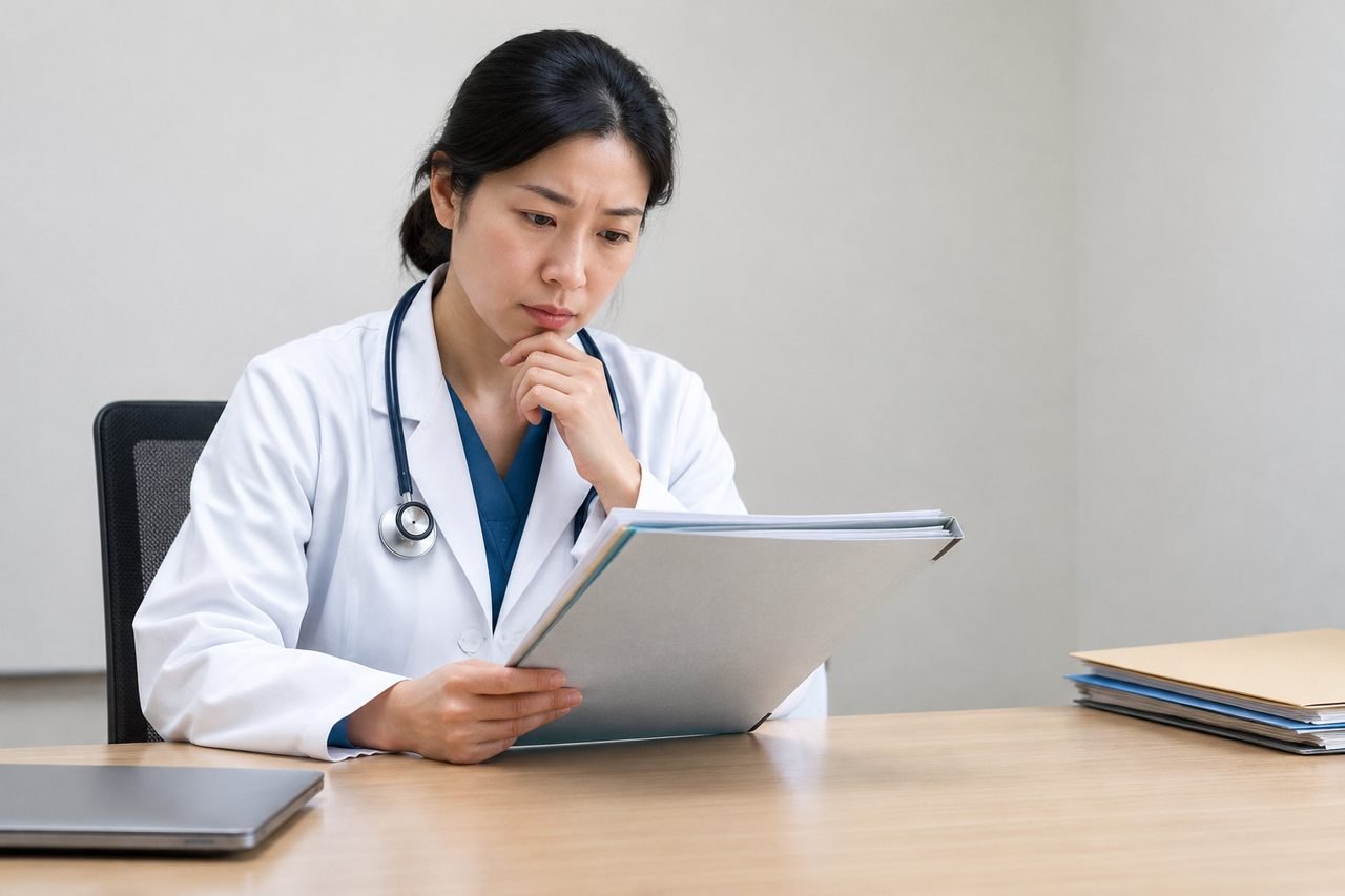 AI illustration: A doctor reviews documents in a clinical setting, reflecting on patient information.