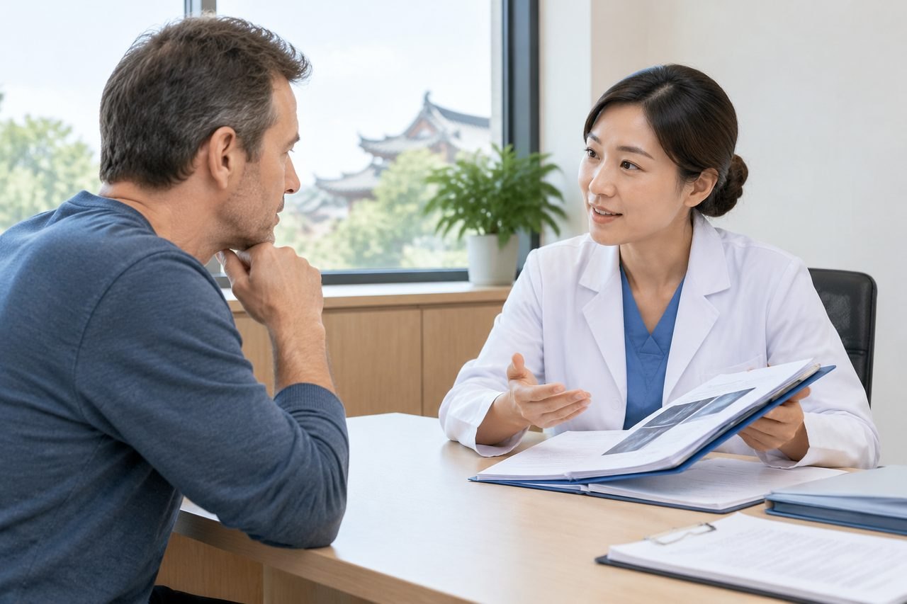 AI illustration: A doctor discusses medical information with a patient during a consultation in a clinic setting.