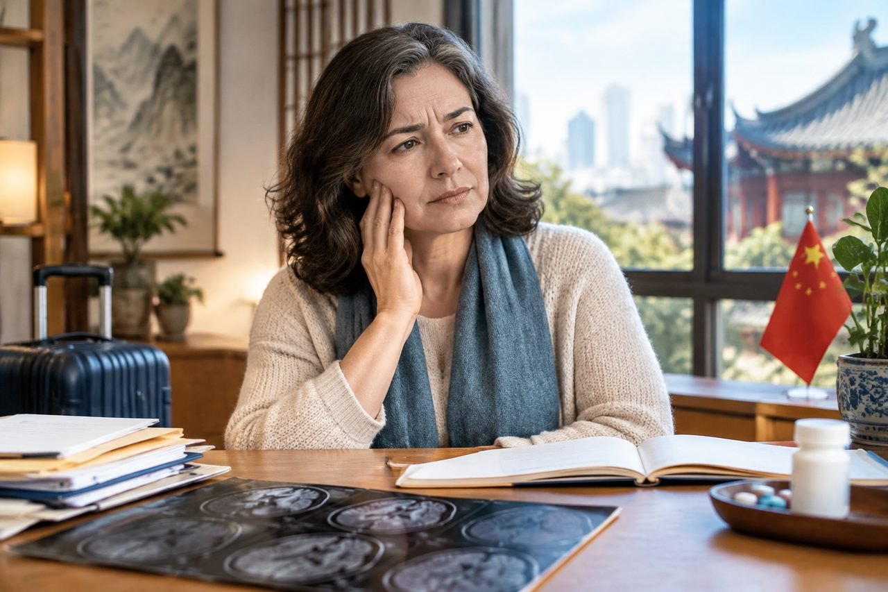 Illustrative image: A woman appears contemplative while reviewing medical images and notes in a well-lit room with a view of a city skyline.