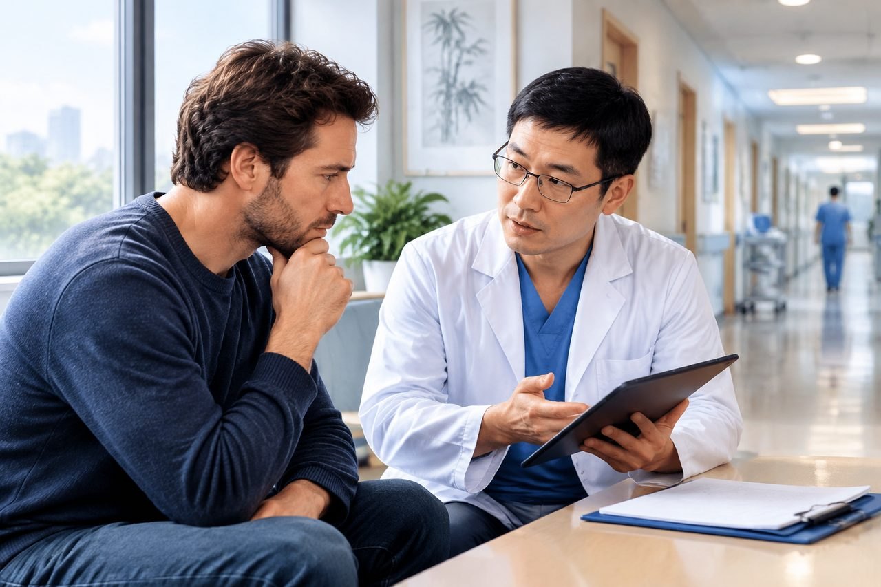 Illustrative image: A doctor discusses medical information with a patient in a hospital corridor.