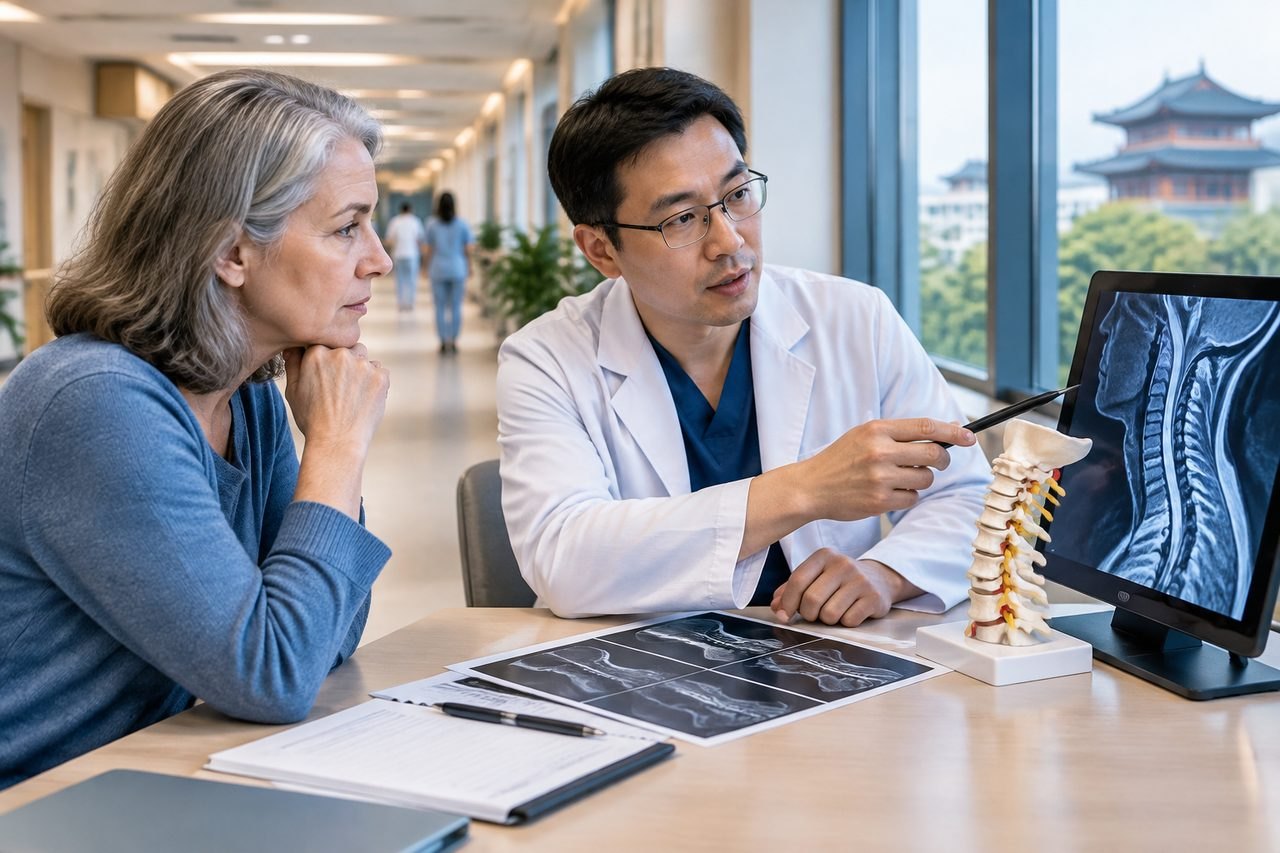 Illustrative image: A doctor discusses spinal imaging with a patient in a clinical setting.