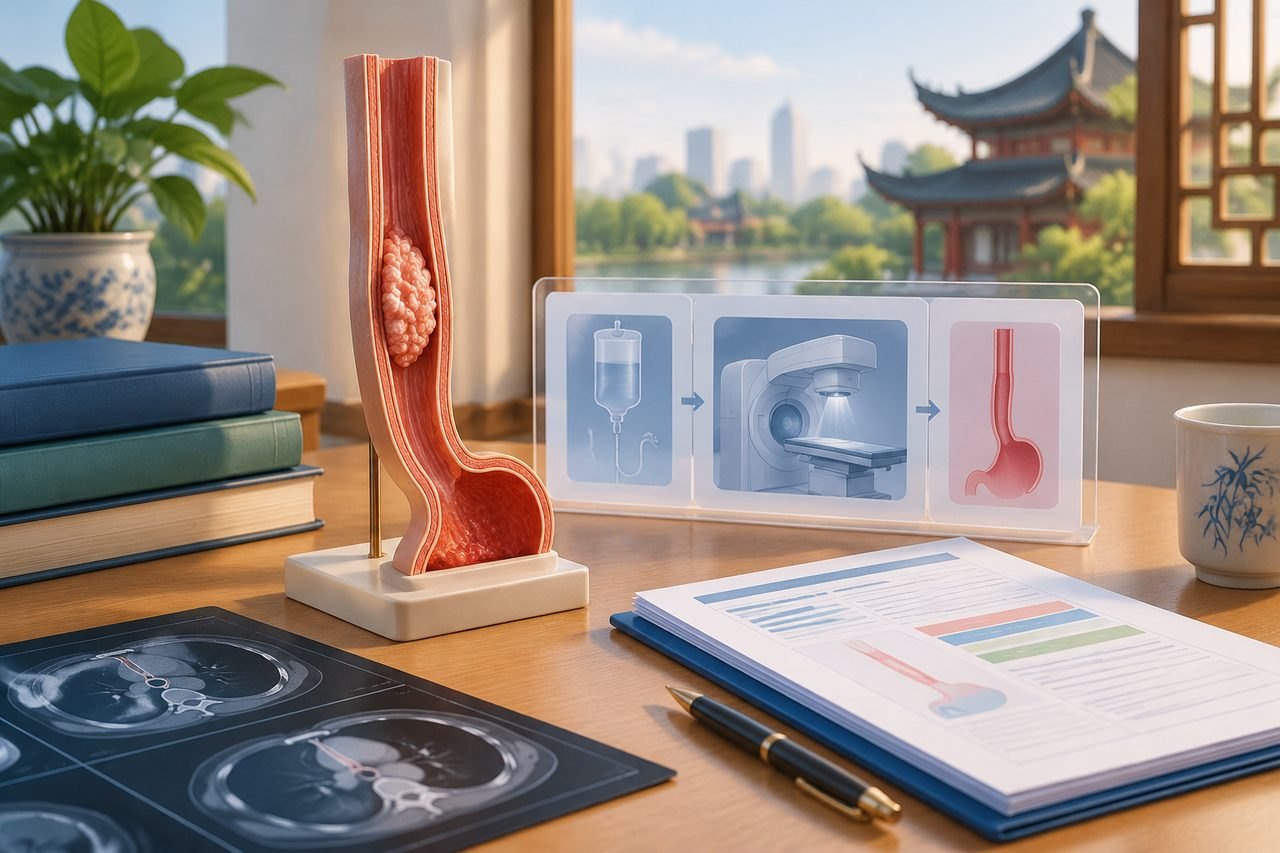 Illustrative image: A medical model and diagrams are displayed on a desk, illustrating a medical procedure in a serene environment.