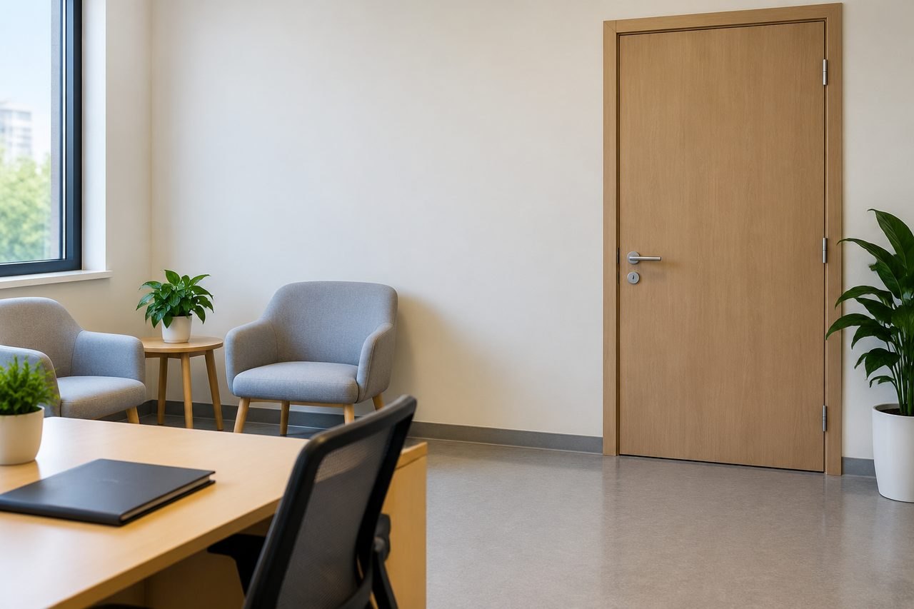 AI illustration: A modern waiting area featuring comfortable chairs and a wooden door.