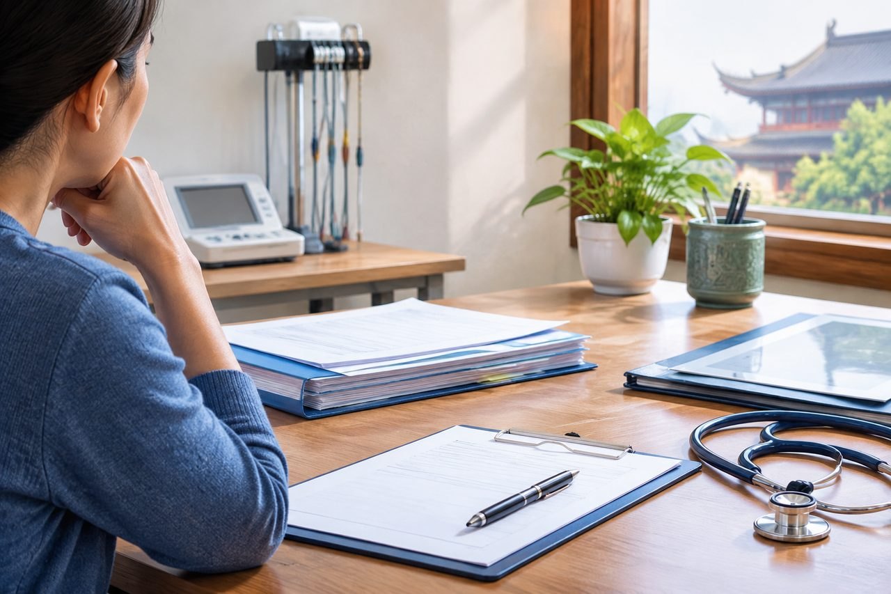AI illustration: A medical consultation setting with documents and a stethoscope on a desk.