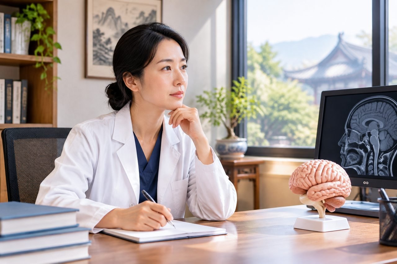Illustrative image: A doctor in a consultation room reflects while examining a brain model and a medical image on a computer screen.