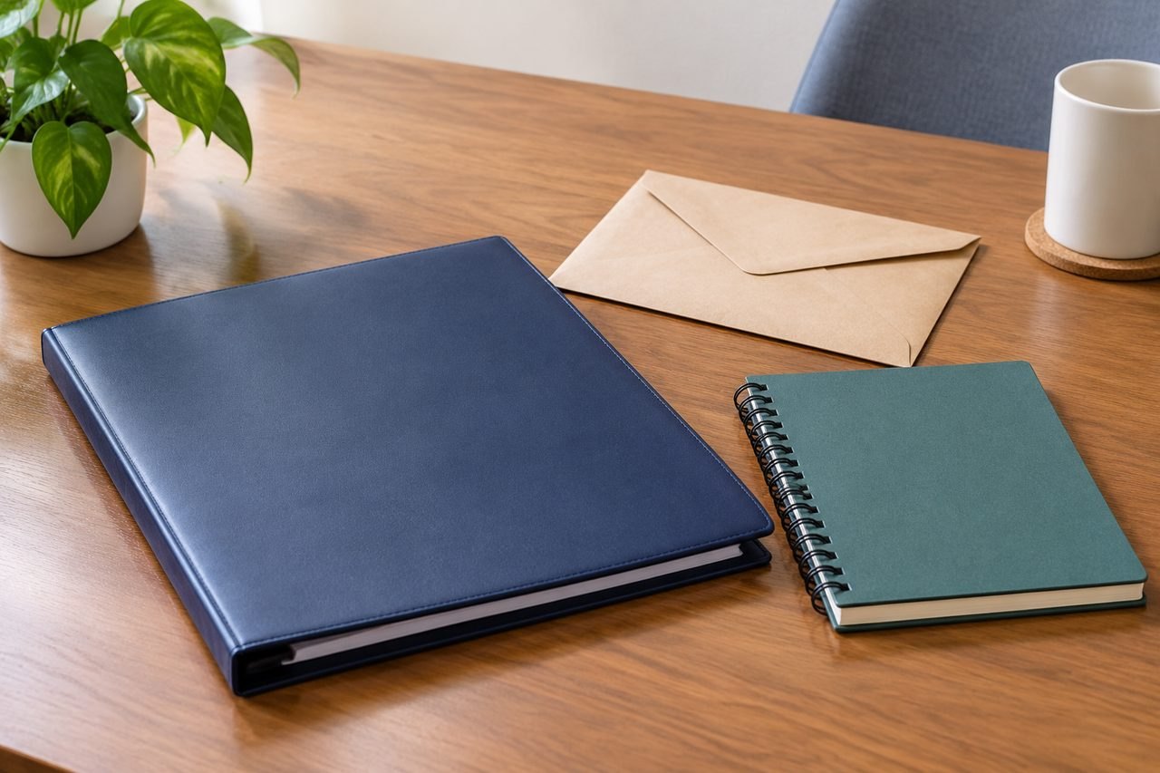 AI illustration: A workspace featuring a blue binder, a green notebook, a brown envelope, a white mug, and a potted plant on a wooden table.