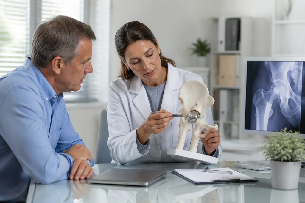 Illustrative image: A doctor explains a hip joint model to a patient during a consultation.