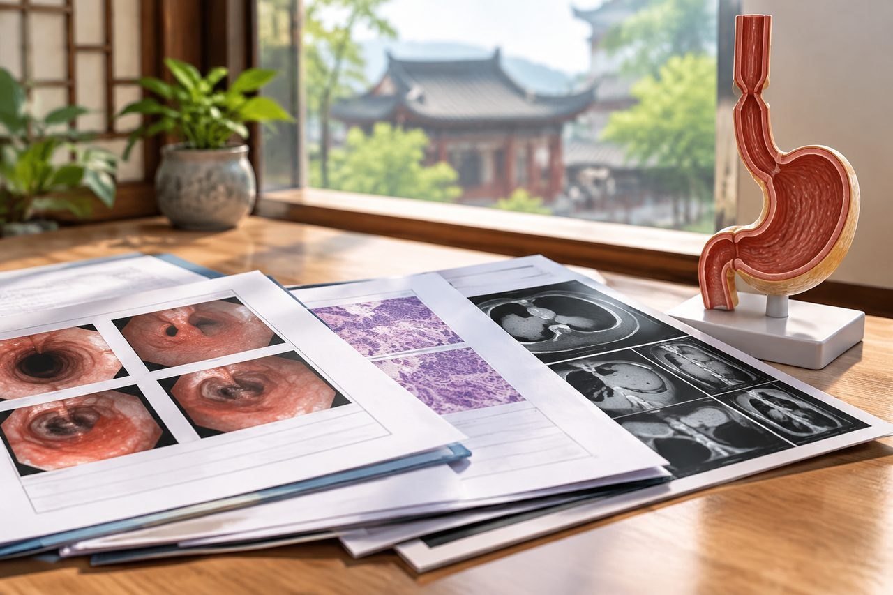 Illustrative image: A collection of medical documents and a stomach anatomical model on a wooden table with a scenic view outside.