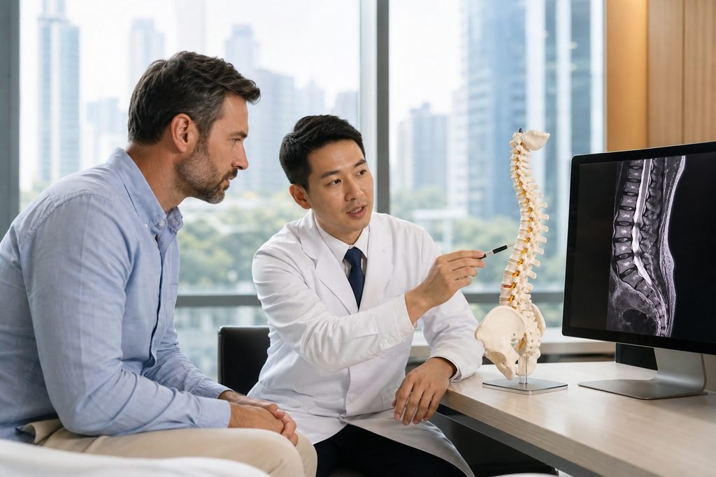 Editorial illustration: Lumbar Fusion in China: Communicating With Your Home Medical Team