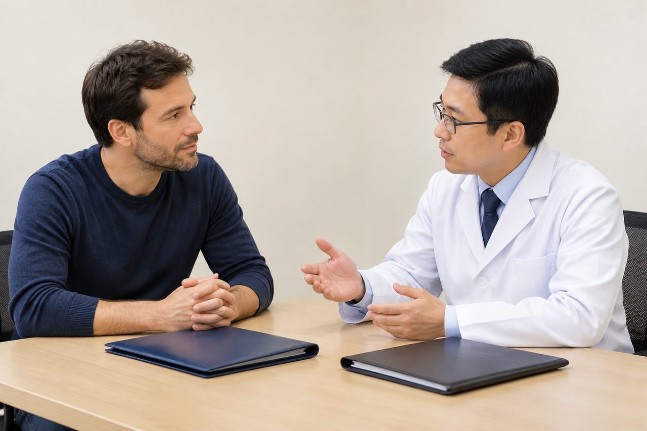 AI illustration: A doctor discusses with a patient in a consultation room, with folders on the table.