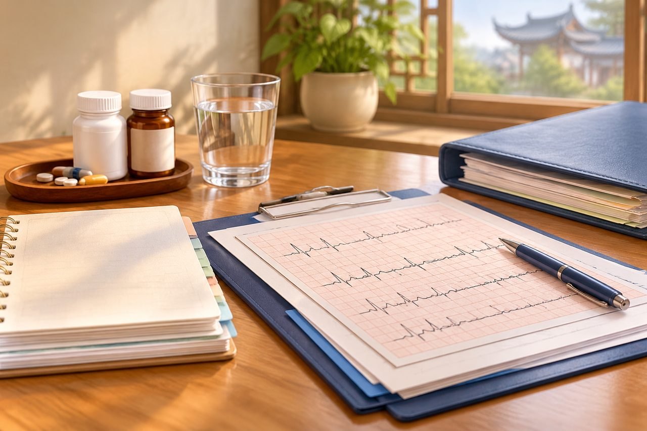 AI illustration: A medical workspace featuring medication, a glass of water, and an ECG printout.