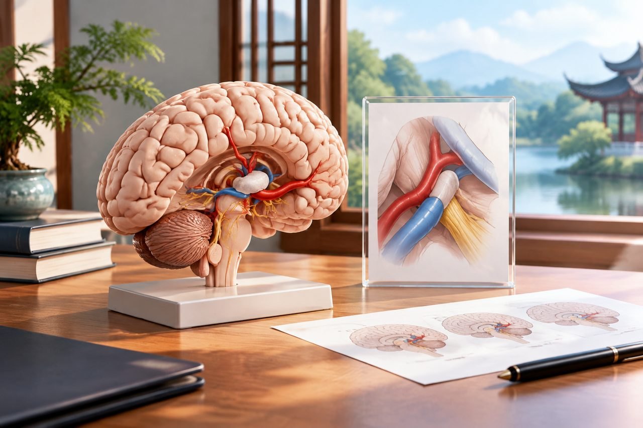 Illustrative image: A detailed anatomical model of a brain is displayed alongside educational illustrations on a wooden table.