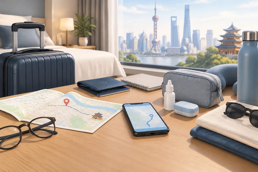 AI illustration: Travel bag, glasses, eye-care pouch and a route map