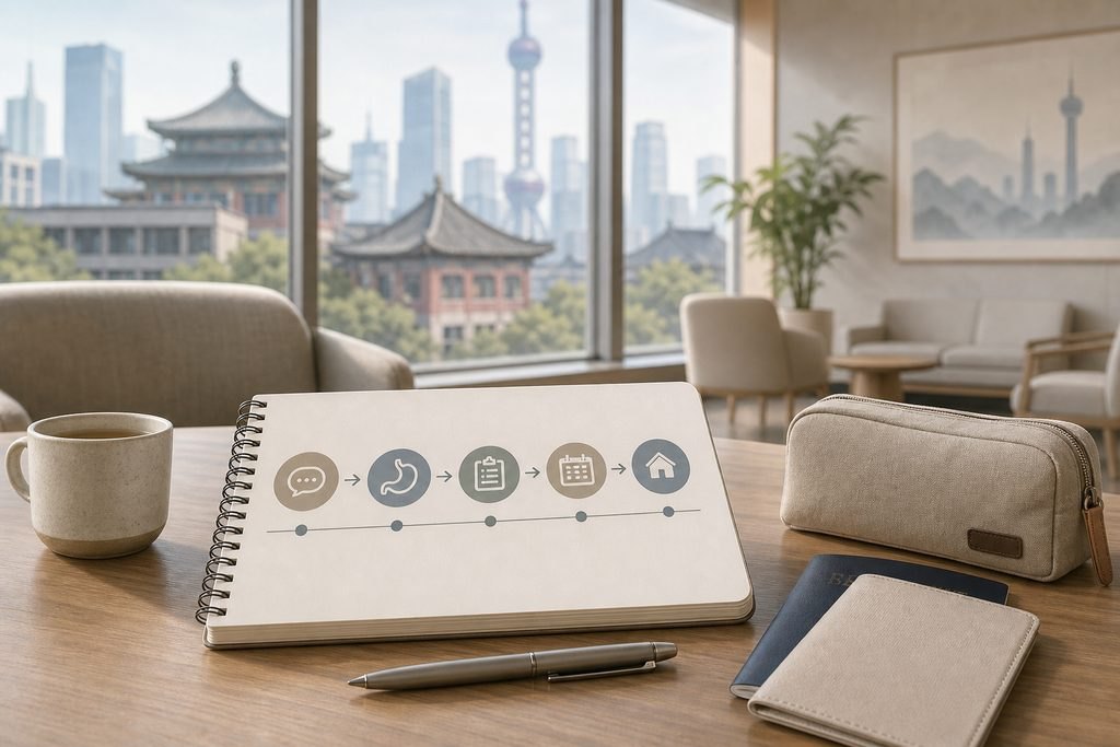 AI illustration: Visit-planning notebook and travel pouch on a desk