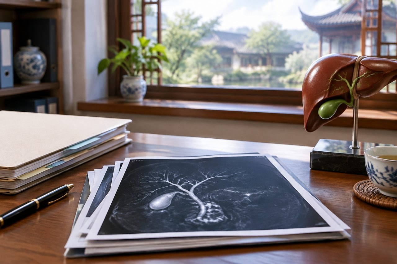 Illustrative image: A medical consultation setting featuring anatomical models and medical imaging documents on a desk.