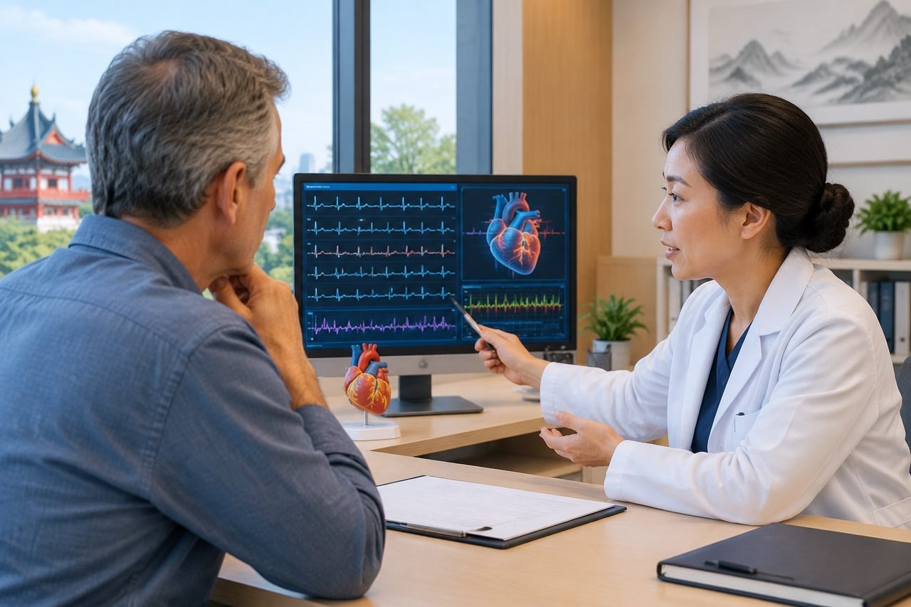 Illustrative image: A doctor discusses heart health with a patient using a computer display.