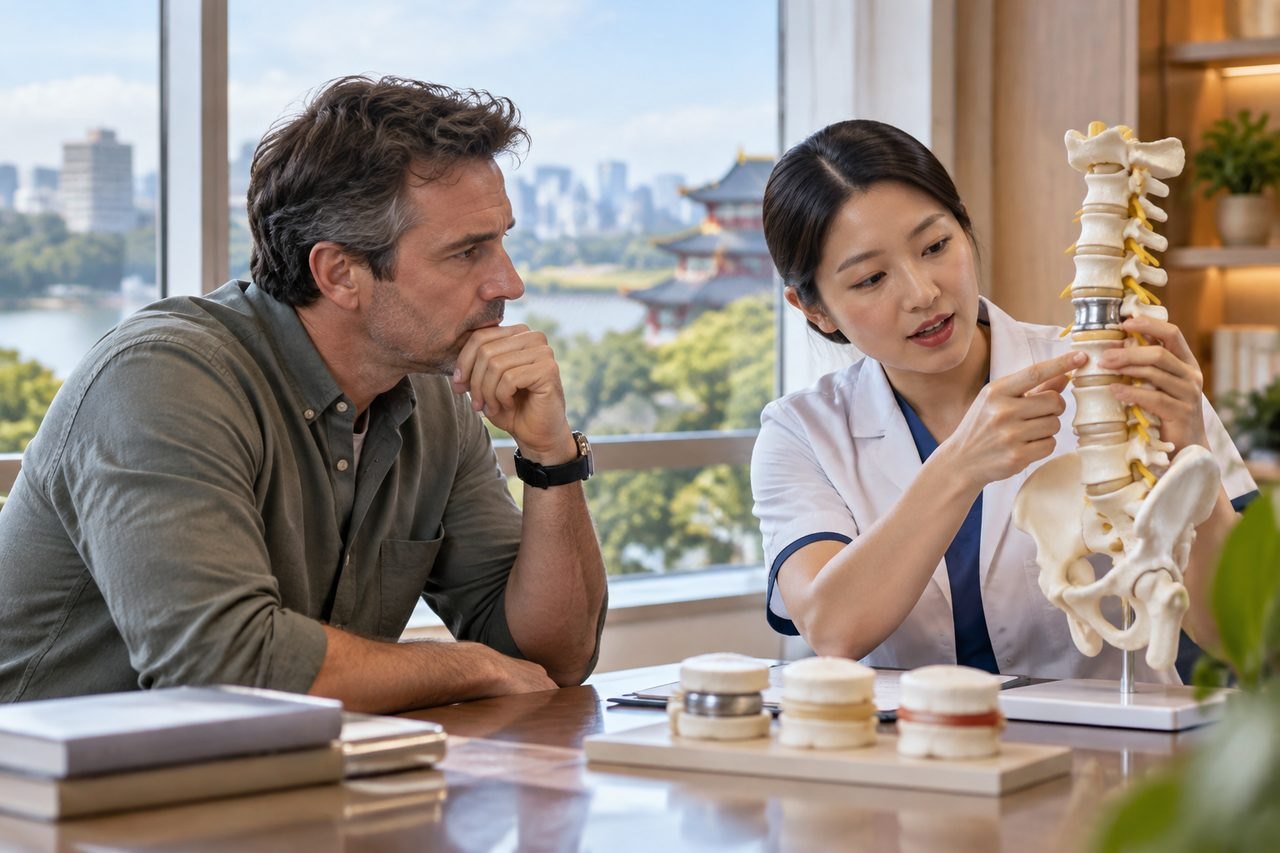 Illustrative image: A medical consultation where a doctor explains spinal anatomy using a model to a patient.