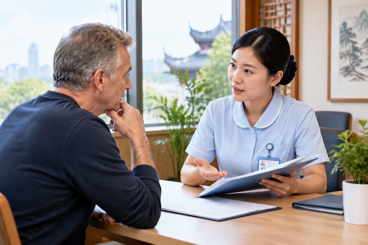 Illustrative image: A healthcare professional discusses medical information with a patient in a consultation room.