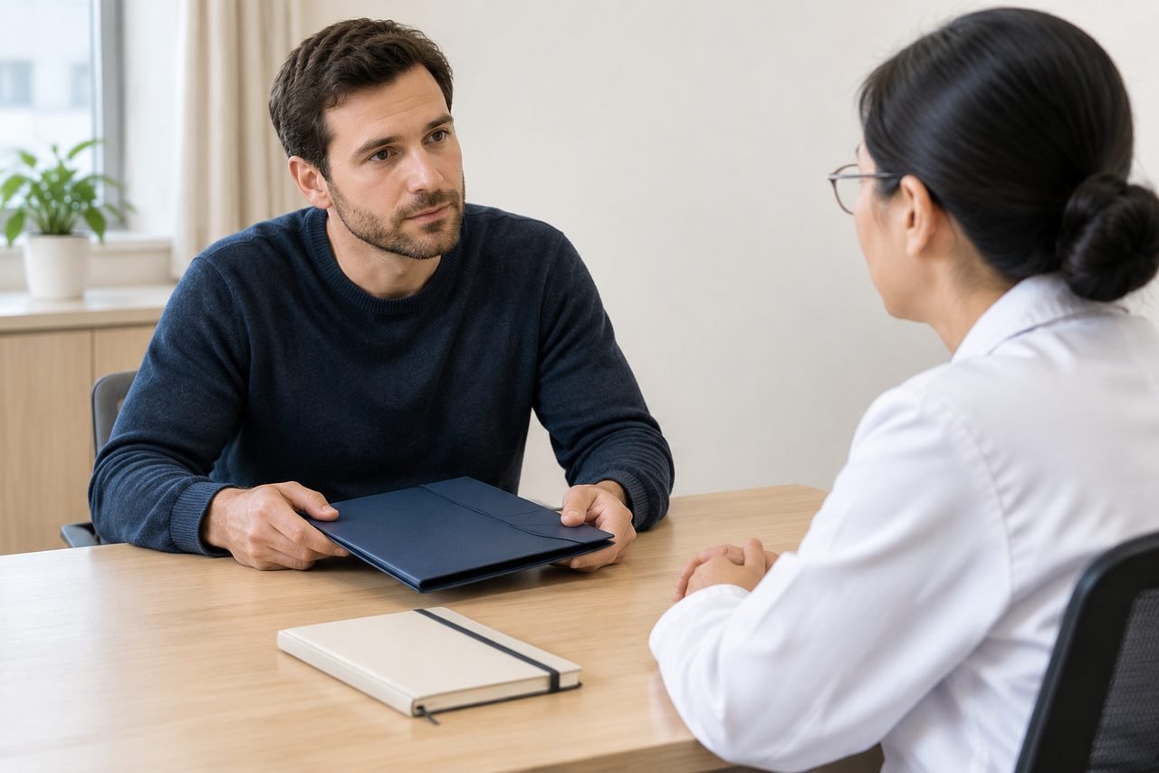 AI illustration: A patient and a medical professional engage in a consultation at a desk.