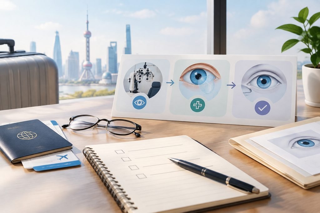 AI illustration: Eye assessment icons beside a travel-planning checklist