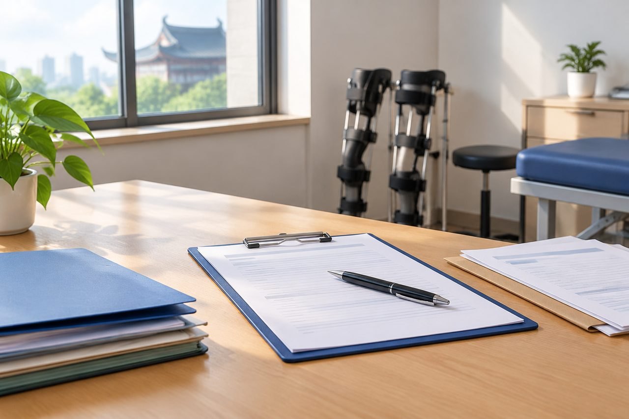 AI illustration: A medical consultation room featuring paperwork, a plant, and rehabilitation equipment.