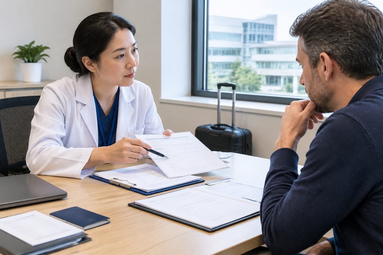 AI illustration: A doctor discusses medical documents with a patient in a consultation room.