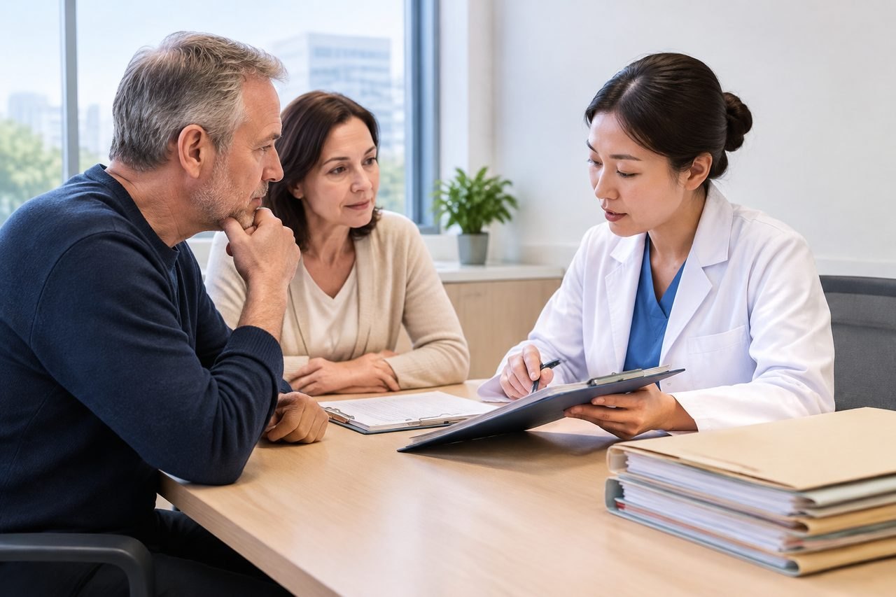 AI illustration: A doctor discusses medical information with two patients in a consultation room.