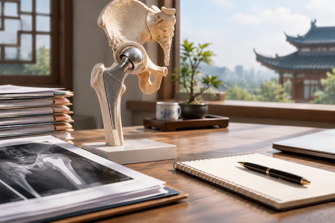 Illustrative image: A detailed anatomical model of a hip joint is displayed on a desk alongside medical documents and a notebook.