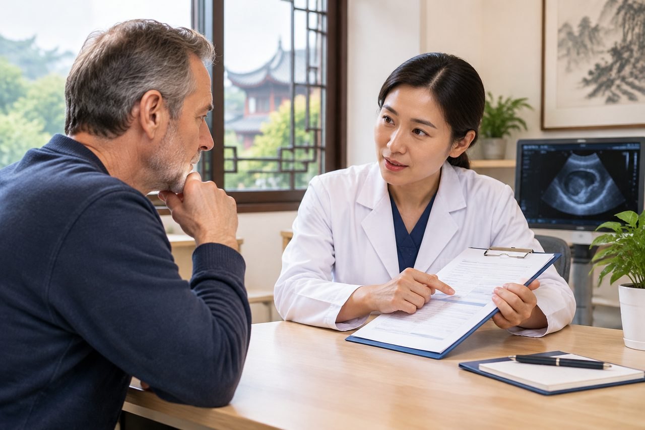 Illustrative image: A doctor discusses medical information with a patient in a consultation room.
