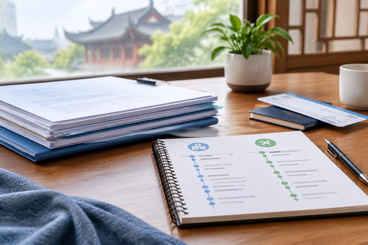 AI illustration: A workspace featuring travel documents, a notebook, and a plant, with a view of traditional architecture outside.