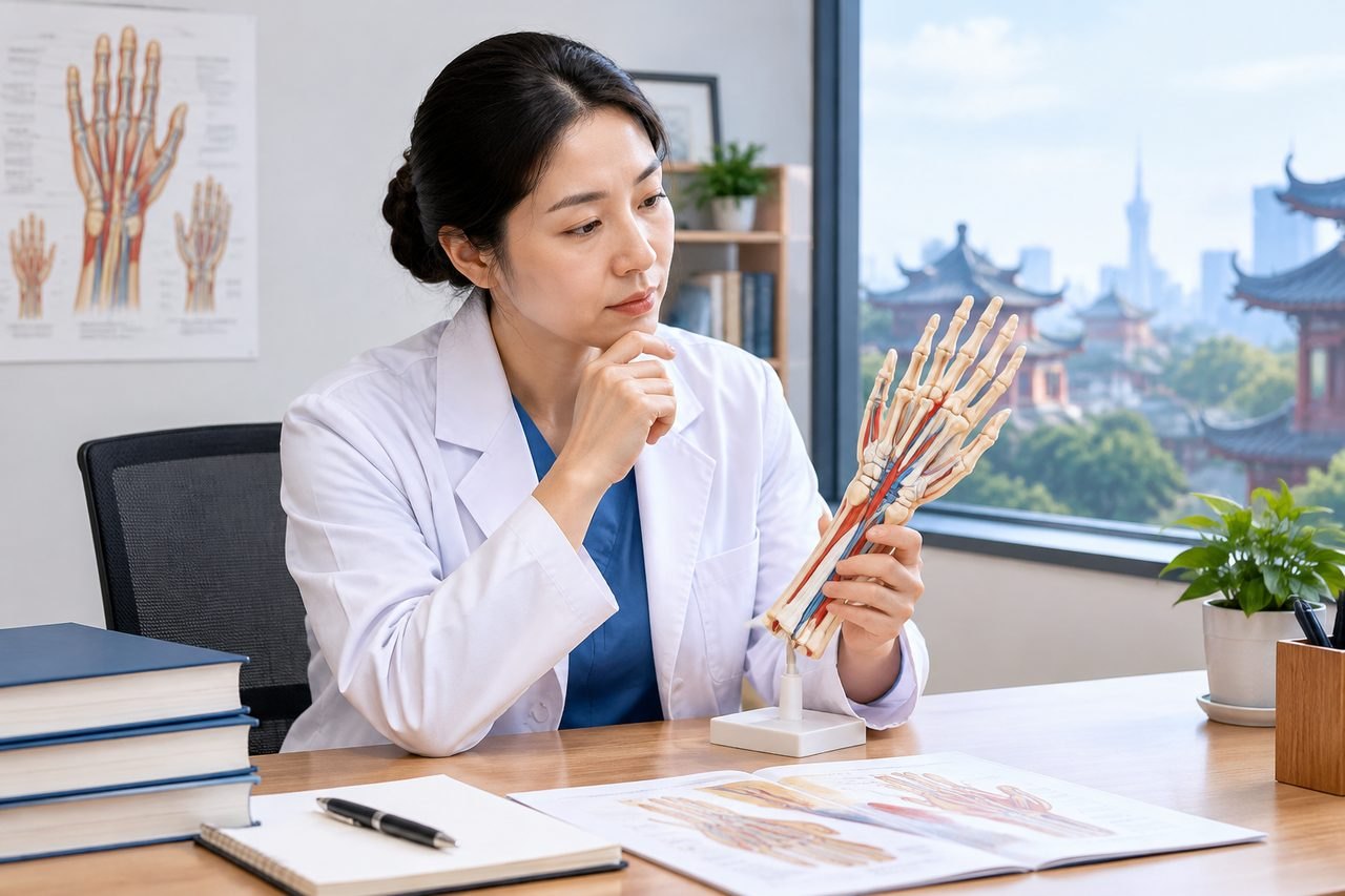 Illustrative image: A medical professional examines an anatomical model of a hand in a consultation room.