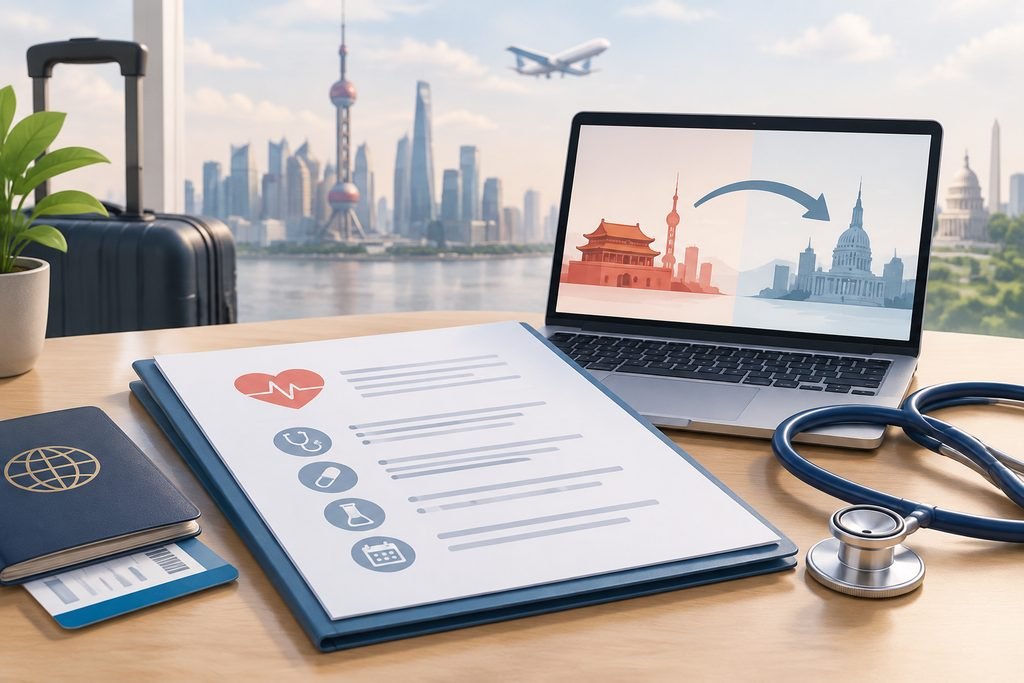 AI illustration: Follow-up records and international travel icons on a planning desk