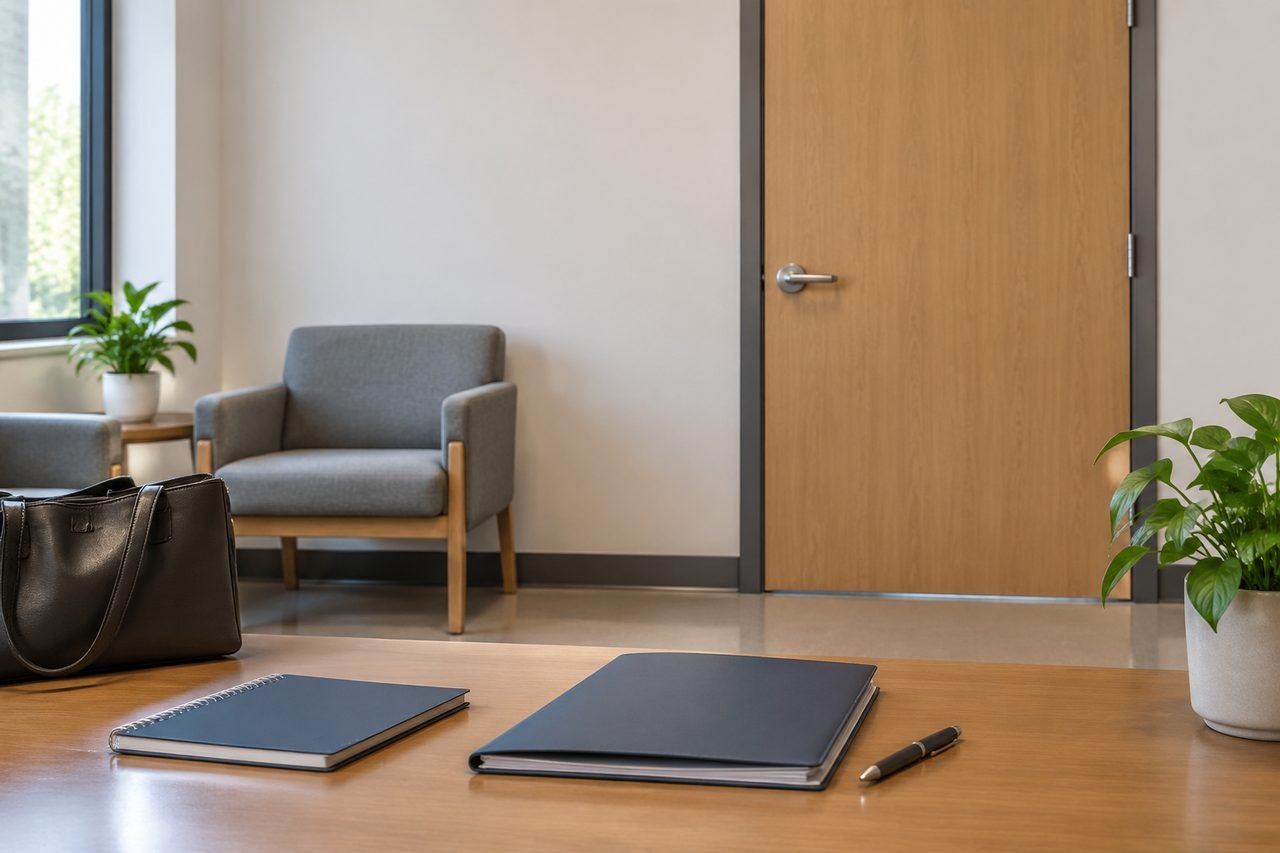 AI illustration: A waiting area featuring a table with notebooks and a pen, alongside a plant and a door.