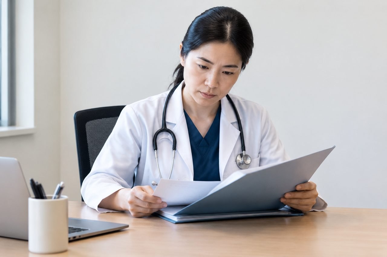 AI illustration: A doctor reviews documents in a clinical setting.