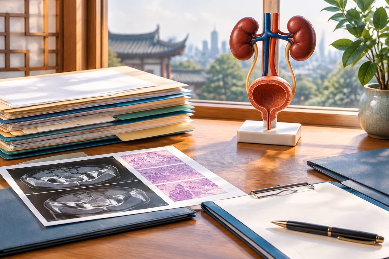Illustrative image: A medical workspace featuring anatomical models and medical imaging documents.