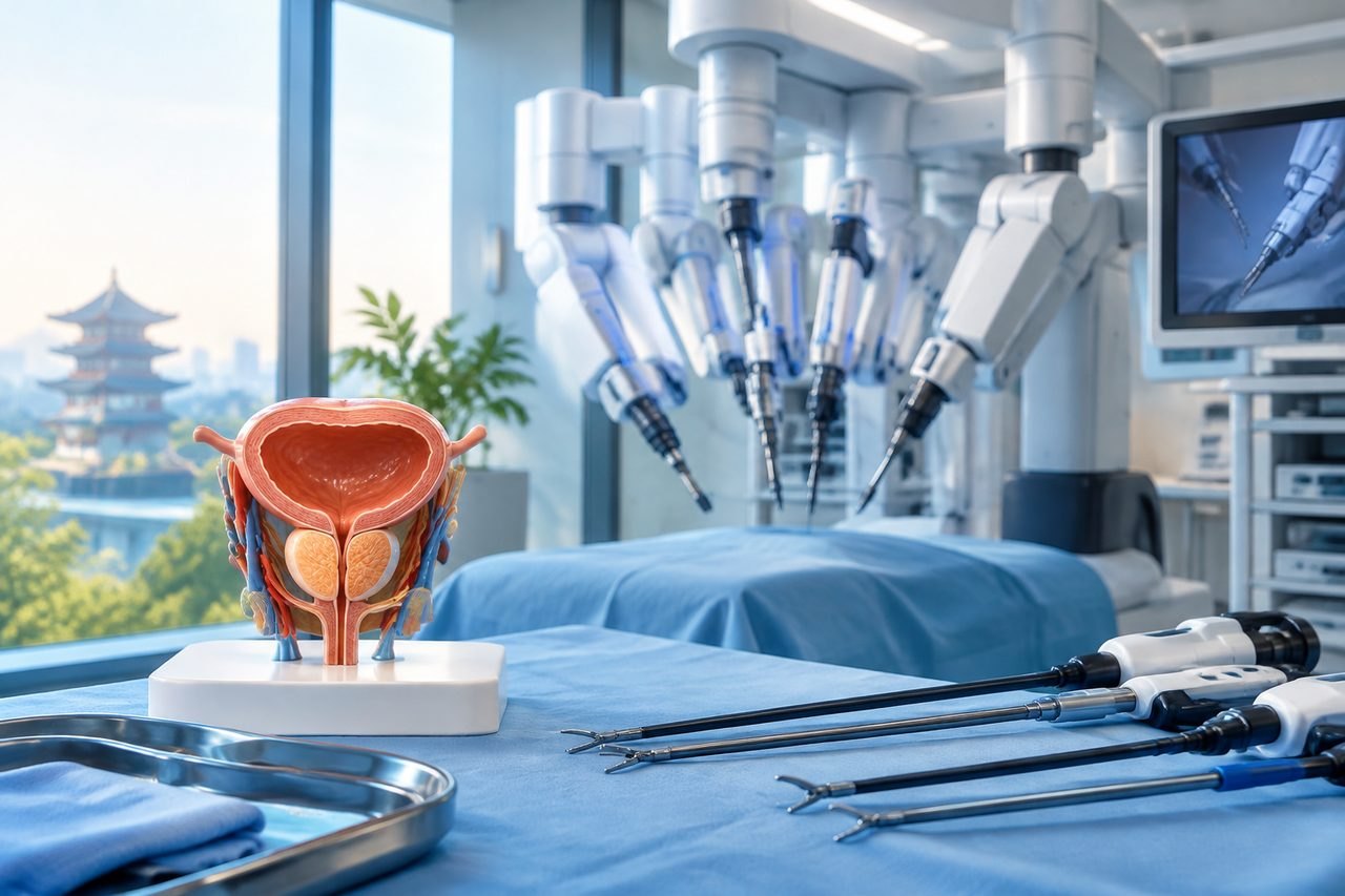 Illustrative image: A robotic surgical system is set up in an operating room with a model of the bladder on a table.