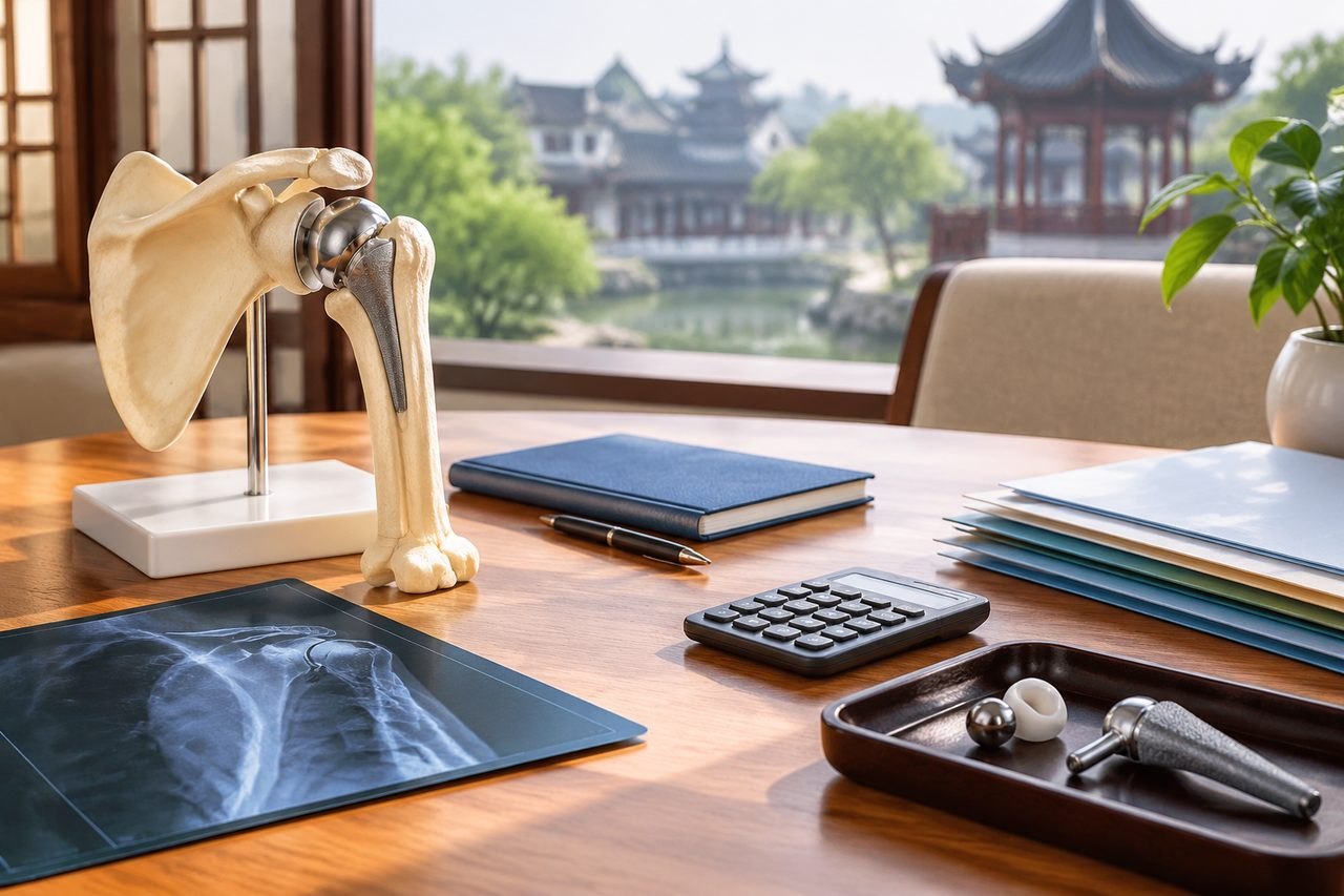 Illustrative image: A medical consultation setting featuring an anatomical shoulder model and X-ray images on a desk.